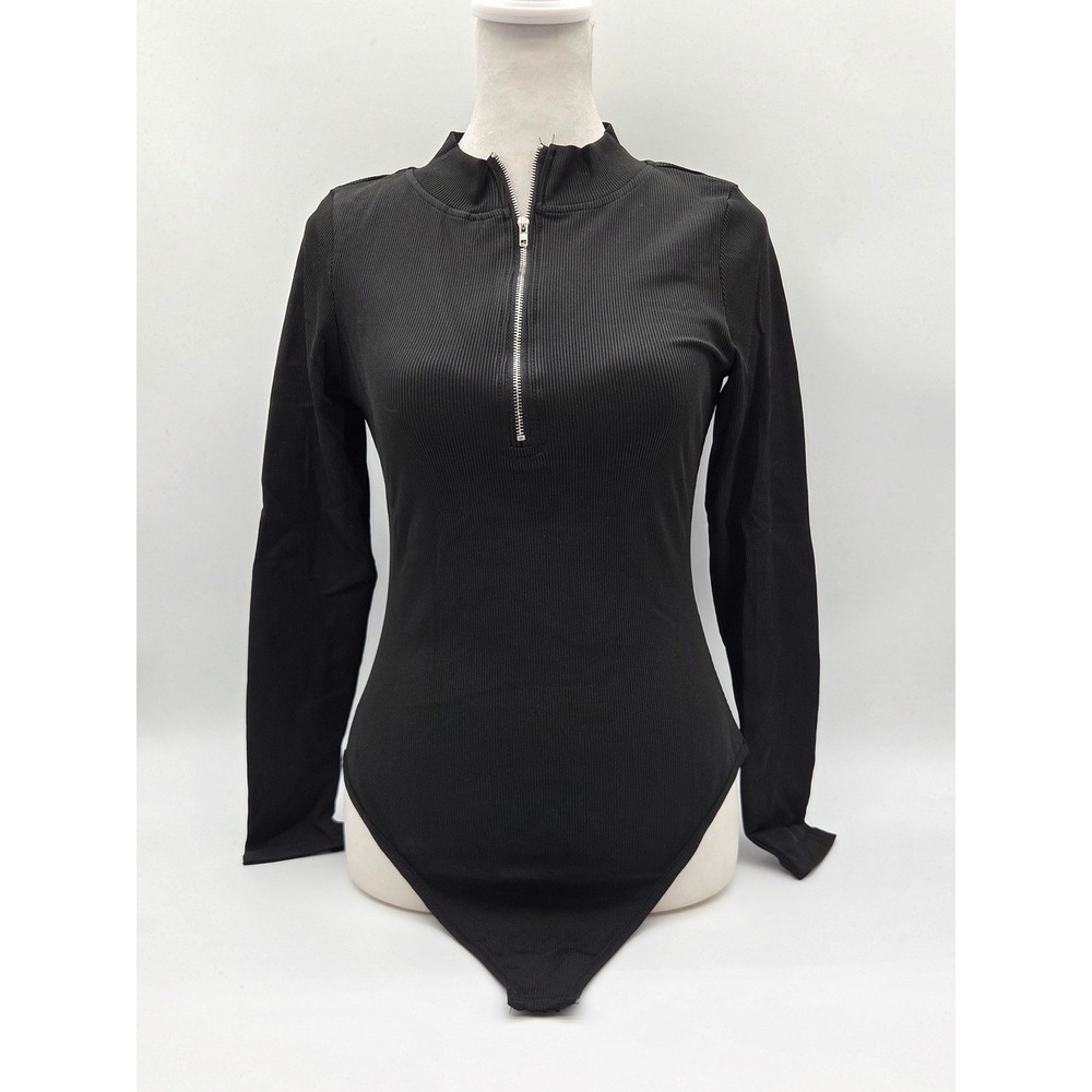 Black Ribbed Long Sleeve Half Zip Mock Neck Bodysuit Size M 101-507